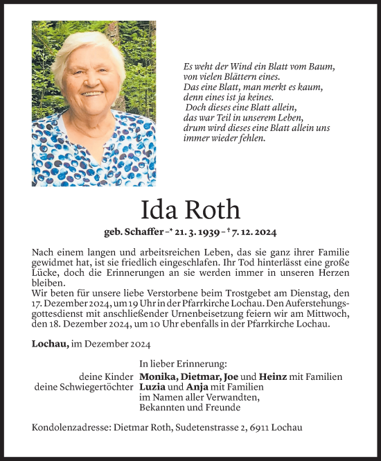 Todesanzeige von Ida Roth von Vorarlberger Nachrichten