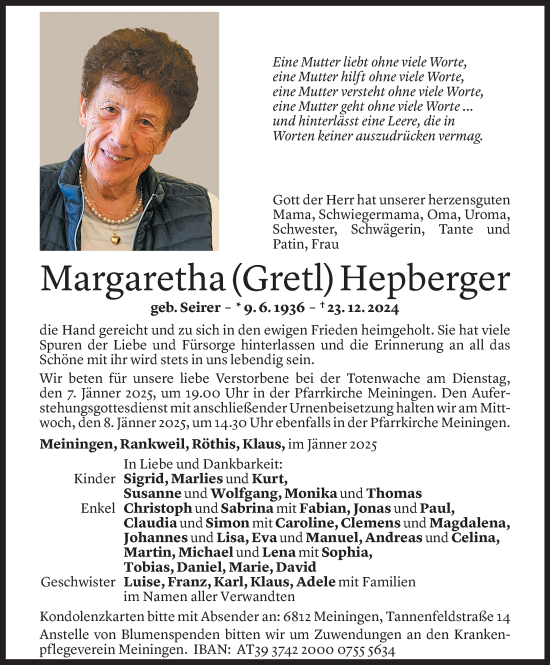 Todesanzeige von Margaretha Hepberger von Vorarlberger Nachrichten