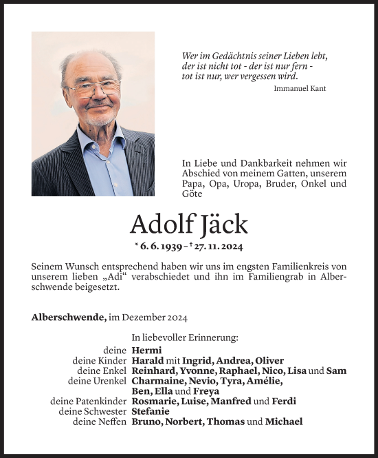 Todesanzeige von Adolf Jäck von Vorarlberger Nachrichten