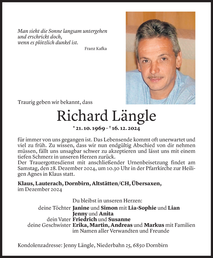  Todesanzeige für Richard Längle vom 22.12.2024 aus Vorarlberger Nachrichten