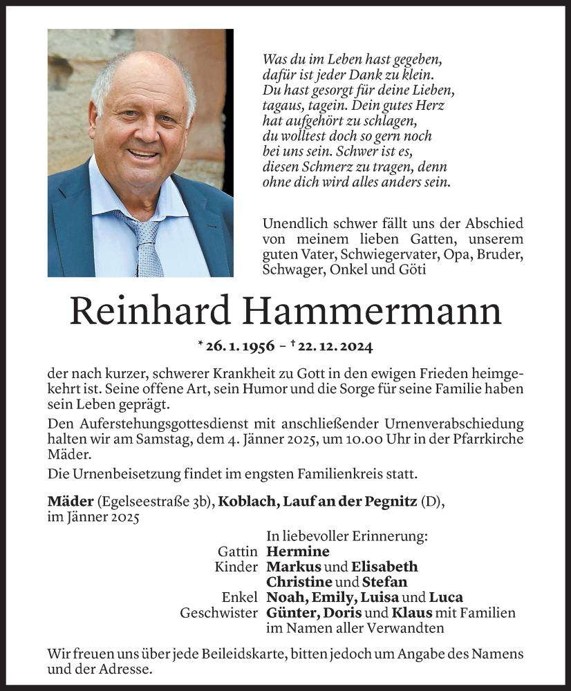  Todesanzeige für Reinhard Hammermann vom 27.12.2024 aus Vorarlberger Nachrichten