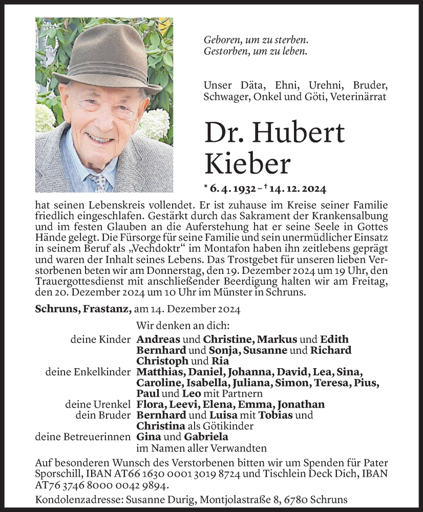  Todesanzeige für Hubert Kieber vom 17.12.2024 aus Vorarlberger Nachrichten