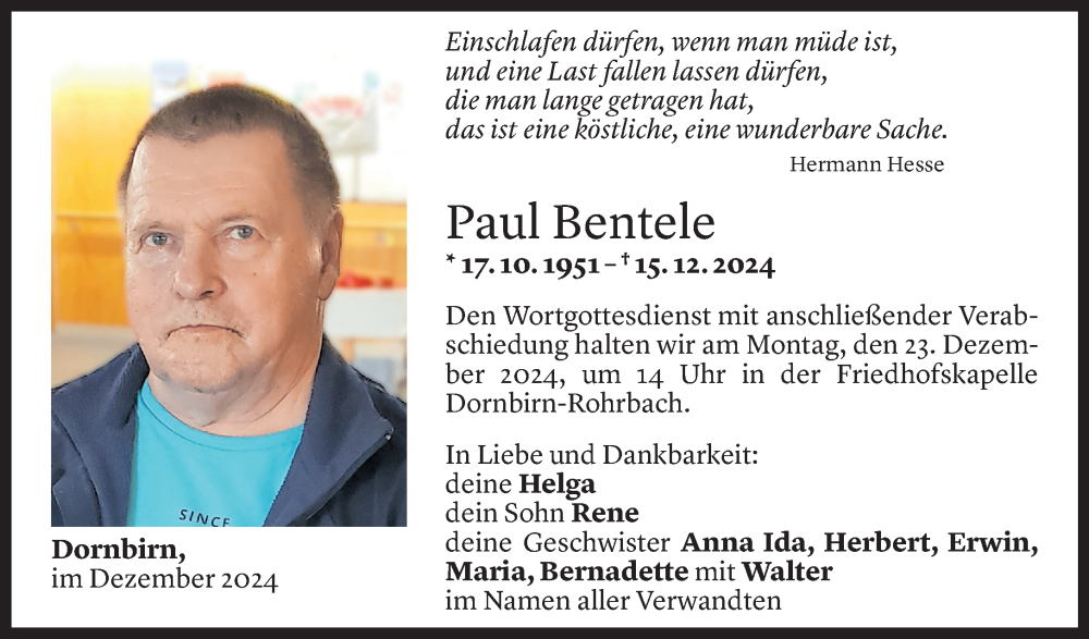  Todesanzeige für Paul Bentele vom 18.12.2024 aus Vorarlberger Nachrichten