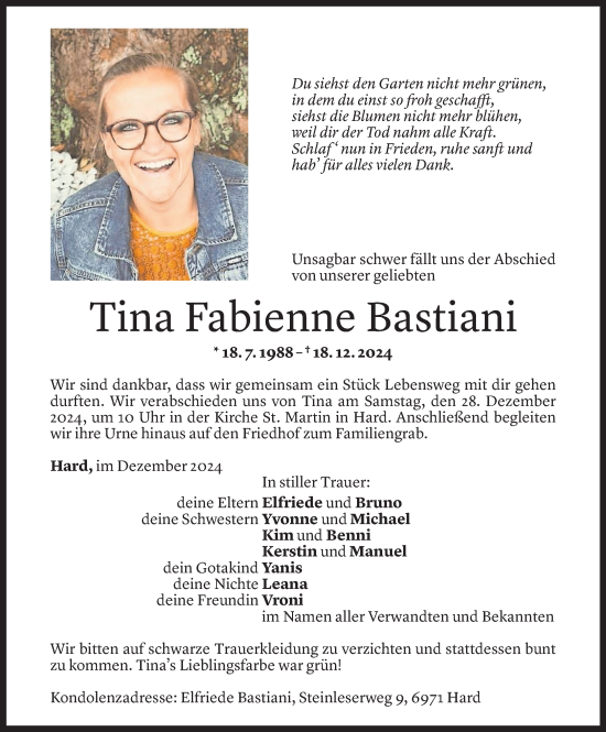 Todesanzeige von Tina Fabienne Bastiani von Vorarlberger Nachrichten