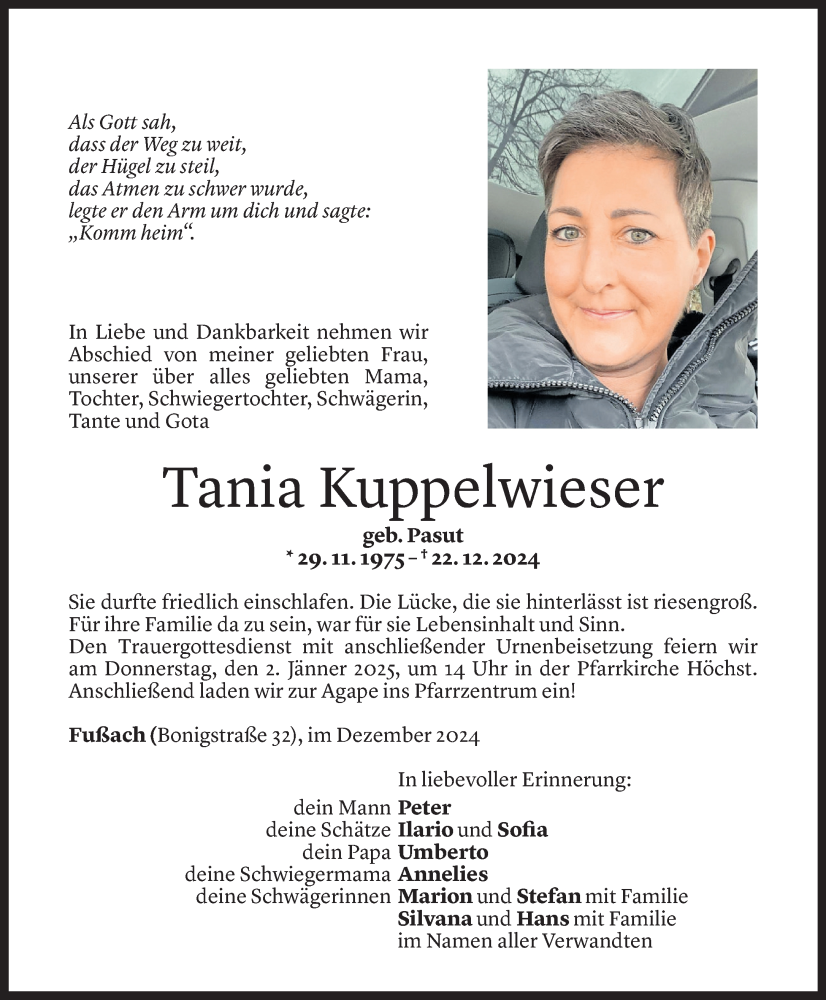  Todesanzeige für Tania Kuppelwieser vom 30.12.2024 aus Vorarlberger Nachrichten