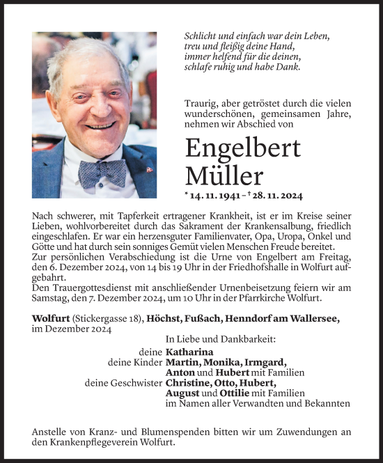 Todesanzeige von Engelbert Müller von Vorarlberger Nachrichten