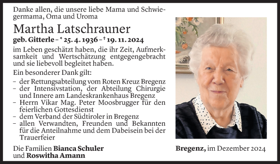 Todesanzeige von Martha Latschrauner von Vorarlberger Nachrichten