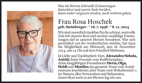 Todesanzeige von Rosa Hoschek von Vorarlberger Nachrichten