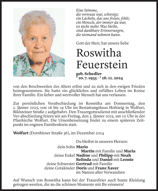 Todesanzeige von Roswitha Feuerstein von Vorarlberger Nachrichten