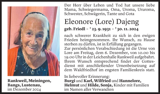 Todesanzeige von Eleonore Dajeng von Vorarlberger Nachrichten