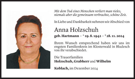 Todesanzeige von Anna Holzschuh von Vorarlberger Nachrichten