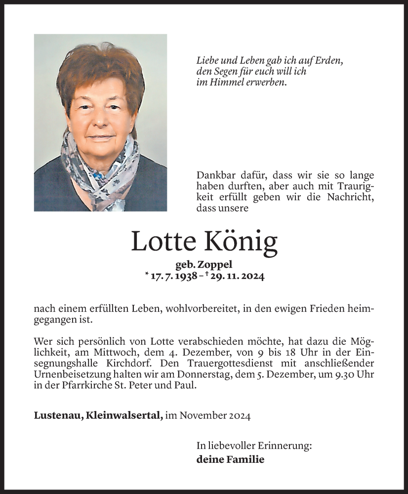  Todesanzeige für Lotte König vom 02.12.2024 aus Vorarlberger Nachrichten