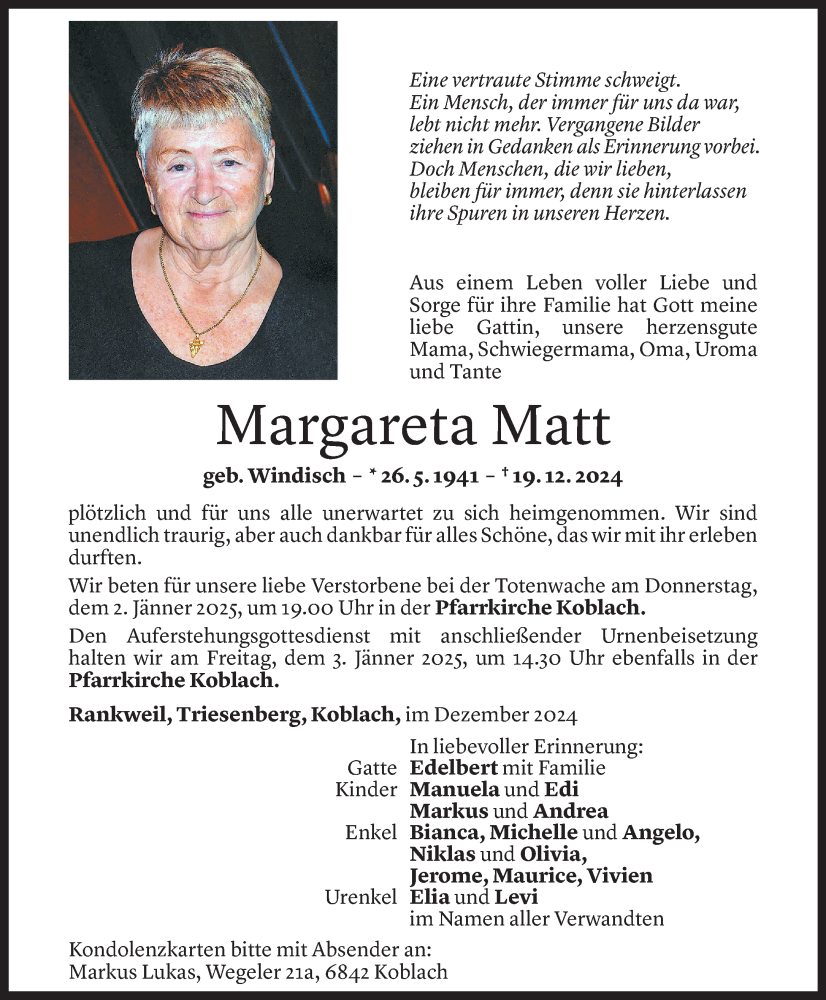  Todesanzeige für Margareta Matt vom 30.12.2024 aus Vorarlberger Nachrichten