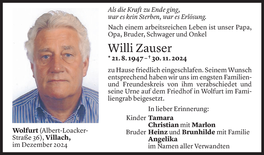  Todesanzeige für Willi Zauser vom 07.12.2024 aus Vorarlberger Nachrichten