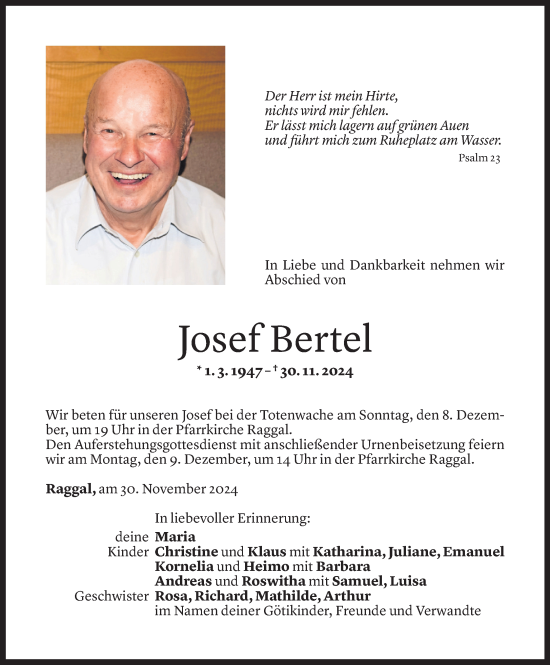 Todesanzeige von Josef Bertel von Vorarlberger Nachrichten