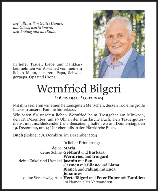 Todesanzeige von Wernfried Bilgeri von Vorarlberger Nachrichten