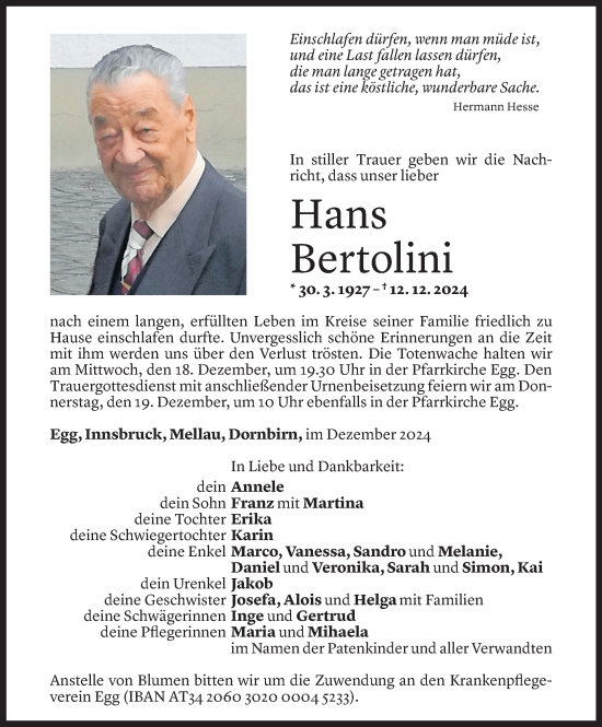 Todesanzeige von Hans Bertolini von Vorarlberger Nachrichten