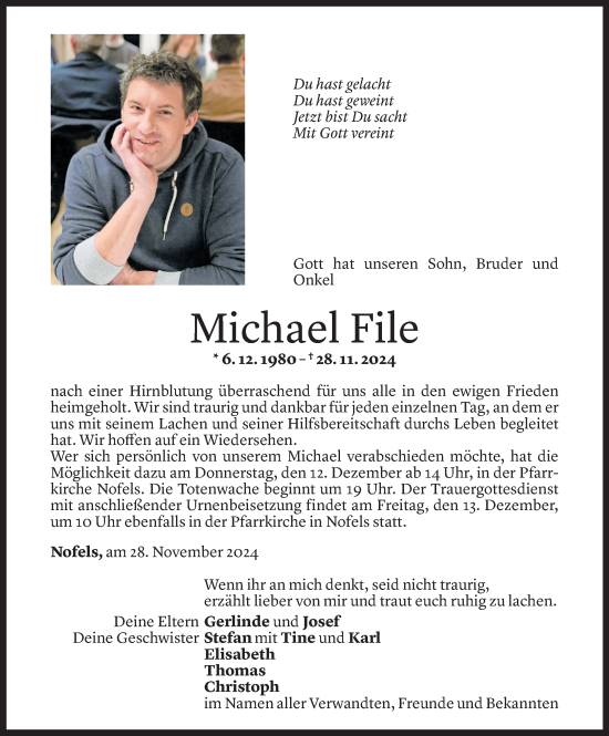 Todesanzeige von Michael File von Vorarlberger Nachrichten