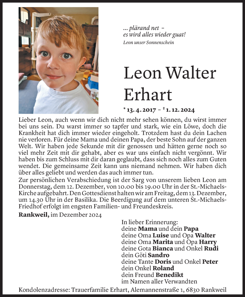  Todesanzeige für Leon Erhart vom 05.12.2024 aus Vorarlberger Nachrichten