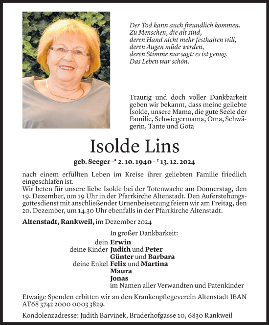 Todesanzeige von Isolde Lins von Vorarlberger Nachrichten