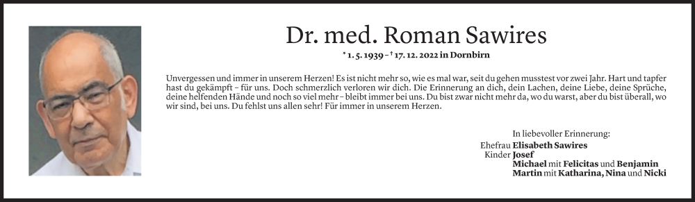  Todesanzeige für Roman Sawires vom 17.12.2024 aus Vorarlberger Nachrichten