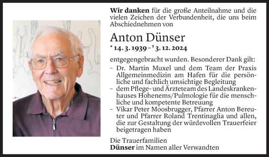 Todesanzeige von Anton Dünser von Vorarlberger Nachrichten