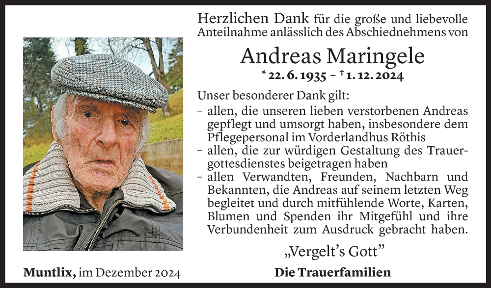  Todesanzeige für Andreas Maringele vom 29.12.2024 aus Vorarlberger Nachrichten