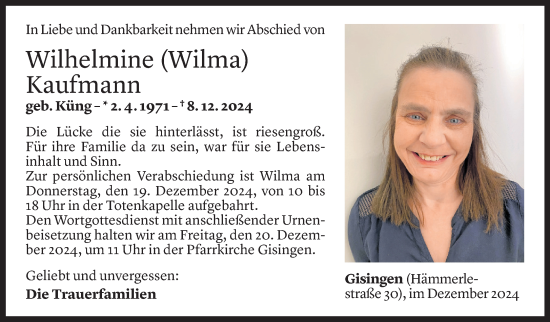 Todesanzeige von Wilhelmine Kaufmann von Vorarlberger Nachrichten