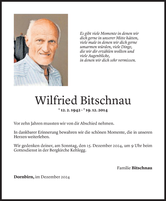 Todesanzeige von Wilfried Bitschnau von Vorarlberger Nachrichten