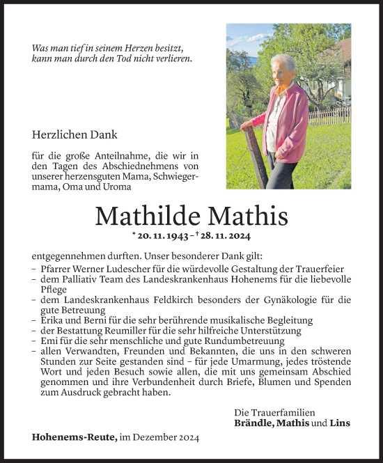 Todesanzeige von Mathilde Mathis von Vorarlberger Nachrichten