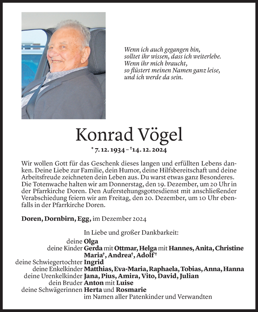  Todesanzeige für Konrad Vögel vom 17.12.2024 aus Vorarlberger Nachrichten