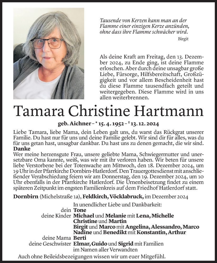  Todesanzeige für Tamara Christine Hartmann vom 16.12.2024 aus Vorarlberger Nachrichten