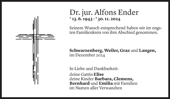 Todesanzeige von Alfons Ender von Vorarlberger Nachrichten