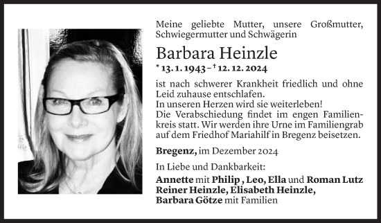 Todesanzeige von Barbara Heinzle von Vorarlberger Nachrichten