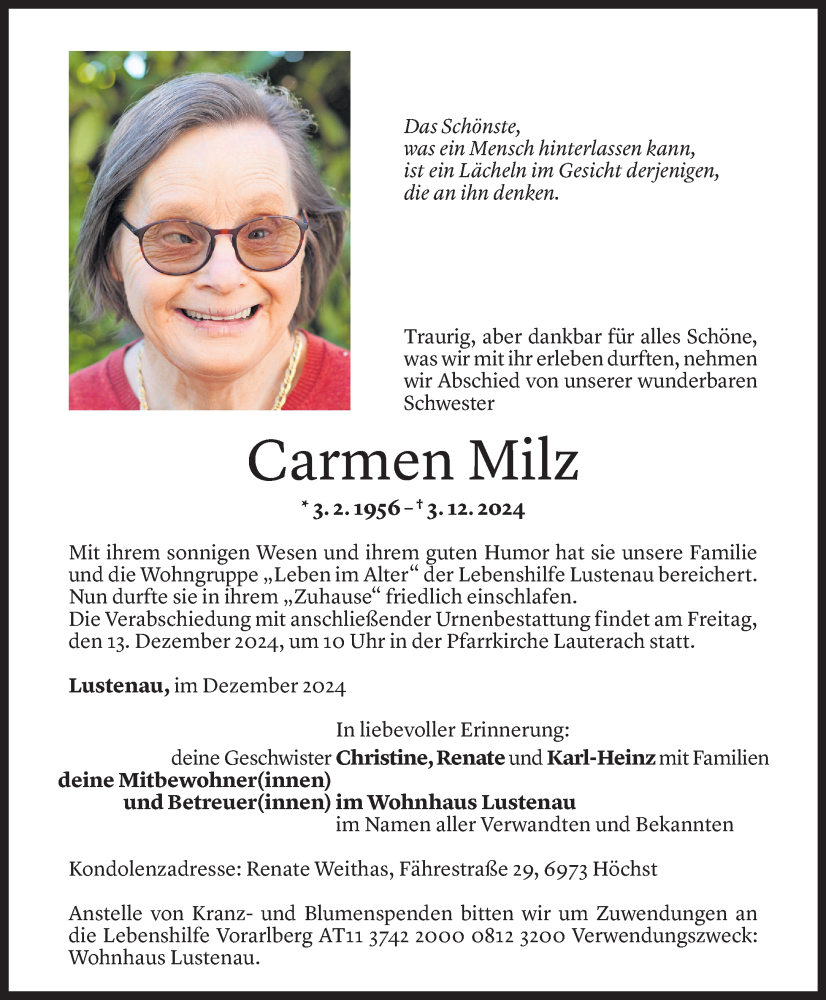  Todesanzeige für Carmen Milz vom 06.12.2024 aus Vorarlberger Nachrichten