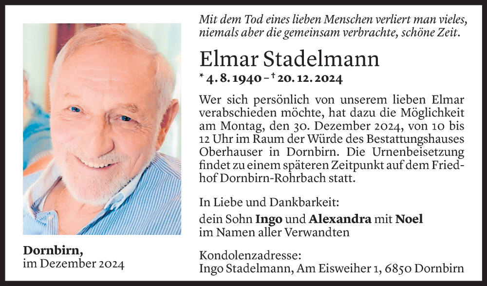  Todesanzeige für Elmar Stadelmann vom 27.12.2024 aus Vorarlberger Nachrichten