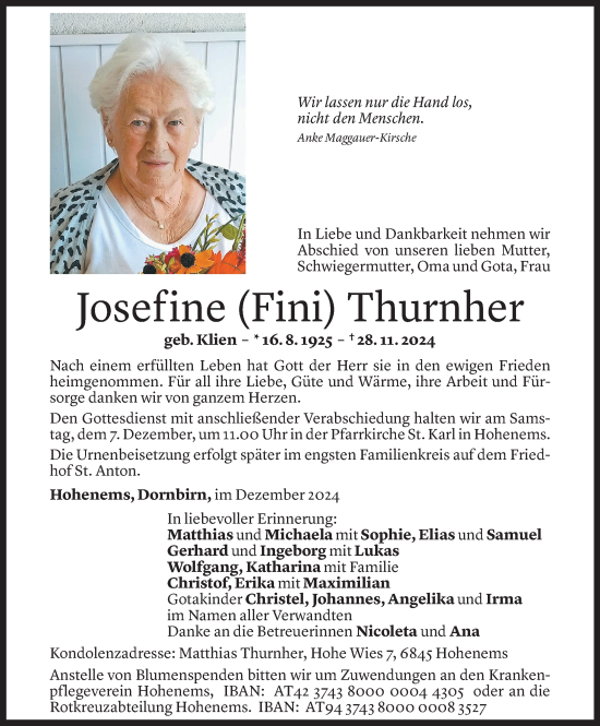 Todesanzeige von Josefine Thurnher von Vorarlberger Nachrichten