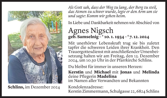 Todesanzeige von Agnes Nigsch von Vorarlberger Nachrichten