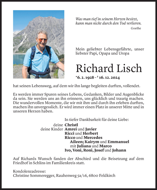 Todesanzeige von Richard Lisch von Vorarlberger Nachrichten