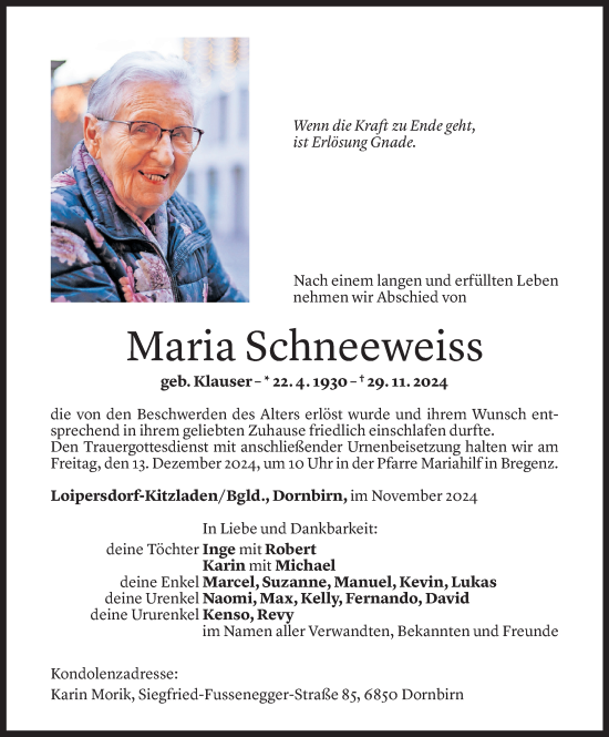 Todesanzeige von Maria Schneeweiss von Vorarlberger Nachrichten