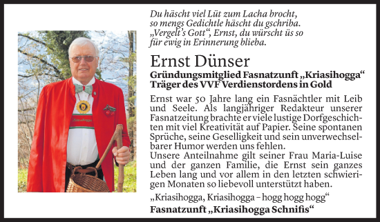 Todesanzeige von Ernst Dünser von Vorarlberger Nachrichten