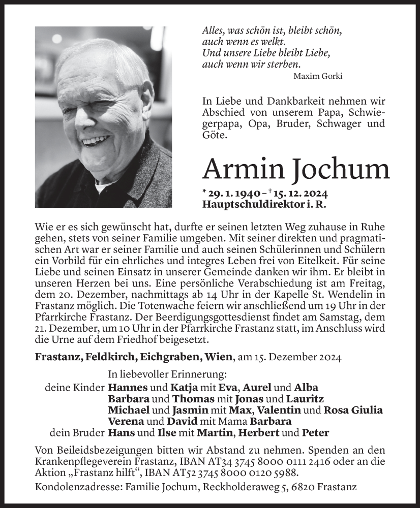  Todesanzeige für Armin Jochum vom 17.12.2024 aus Vorarlberger Nachrichten