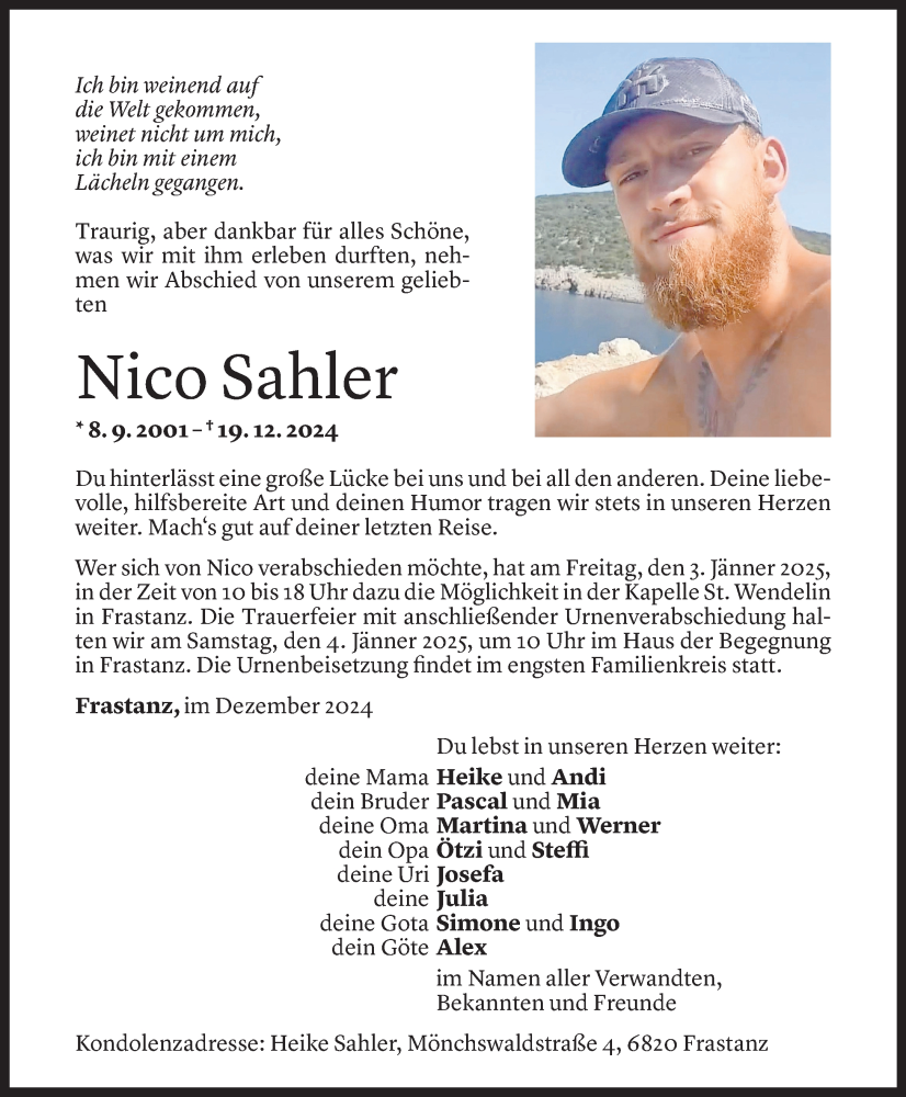  Todesanzeige für Nico Sahler vom 27.12.2024 aus Vorarlberger Nachrichten