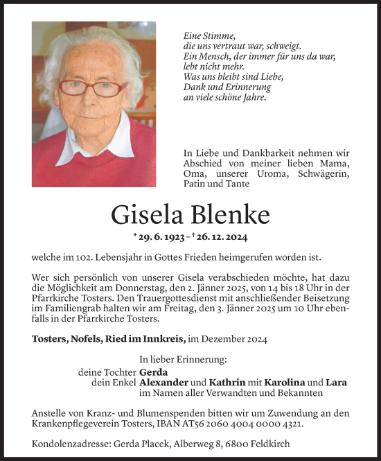 Todesanzeige von Gisela Blenke von Vorarlberger Nachrichten