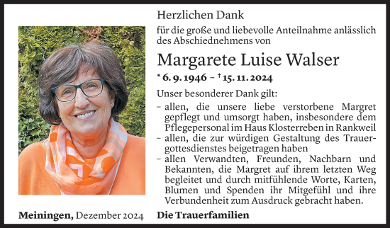 Todesanzeige von Margarete Luise Walser von Vorarlberger Nachrichten