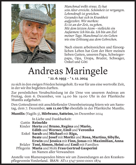 Todesanzeige von Andreas Maringele von Vorarlberger Nachrichten