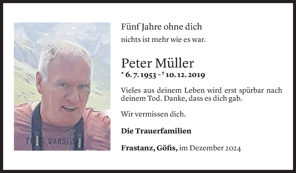  Todesanzeige für Peter Müller vom 10.12.2024 aus Vorarlberger Nachrichten