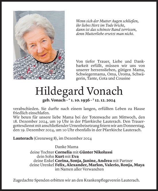 Todesanzeige von Hildegard Vonach von Vorarlberger Nachrichten