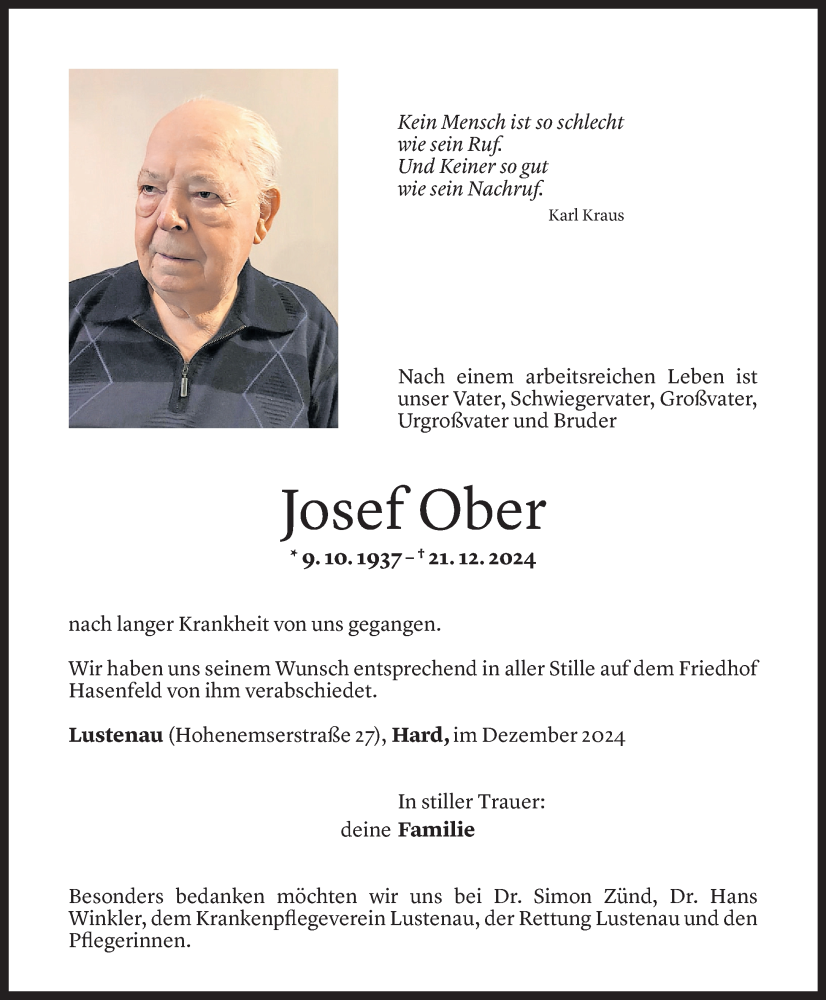  Todesanzeige für Josef Ober vom 28.12.2024 aus Vorarlberger Nachrichten