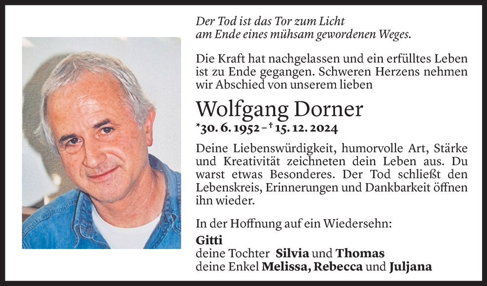  Todesanzeige für Wolfgang Dorner vom 17.12.2024 aus Vorarlberger Nachrichten